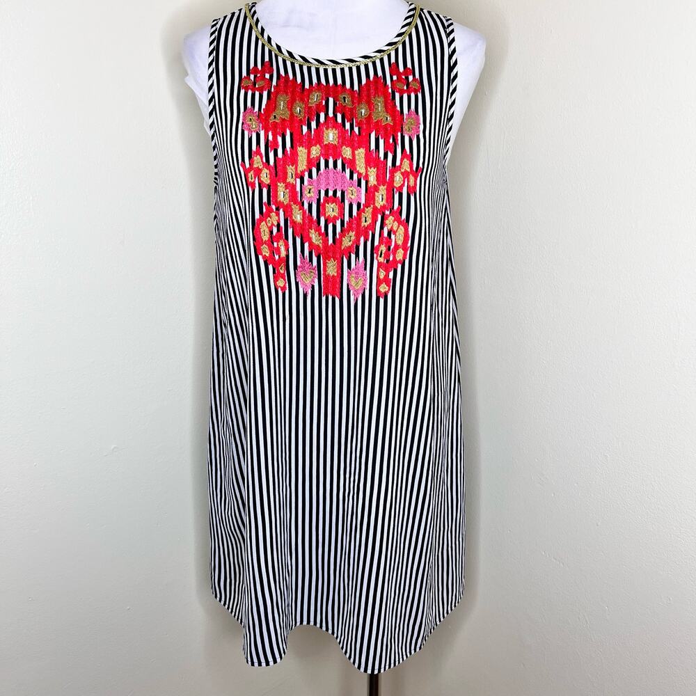 THML Mini Dress Small Womens Black White Stripe Embroidered Shift Bohemian New